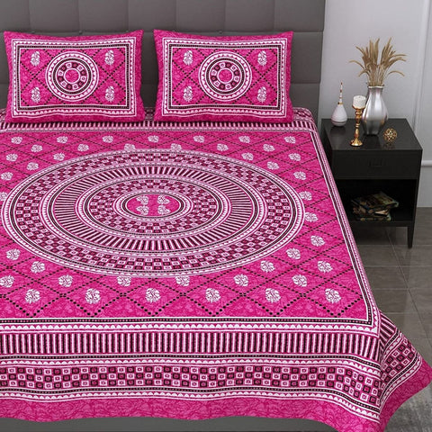 SheetKart Mandala Floral Print 144 TC Cotton Double Bedsheet with Pillow Covers - Pink - SheetKart