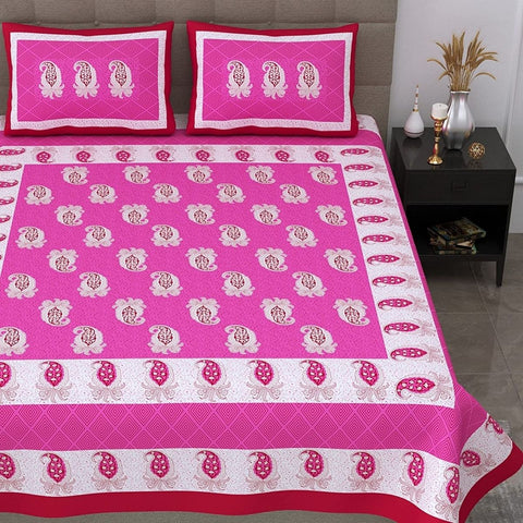 SheetKart Floral Printed 144 TC Jaipuri Cotton Double Bedsheet with 2 Pillow Covers - Pink - SheetKart