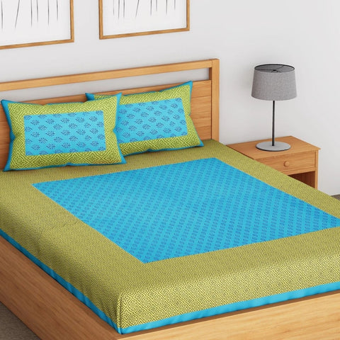 SheetKart Courtyard Cotton Jaipuri Double Bedsheets with 2 Pillow Covers, Aqua Blue - SheetKart