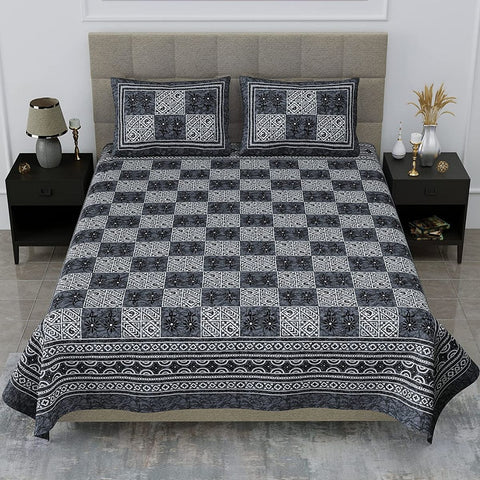 SheetKart 144 TC Floral Squares Jaipuri Printed Cotton Bedsheet with 2 Pillow Covers, Grey