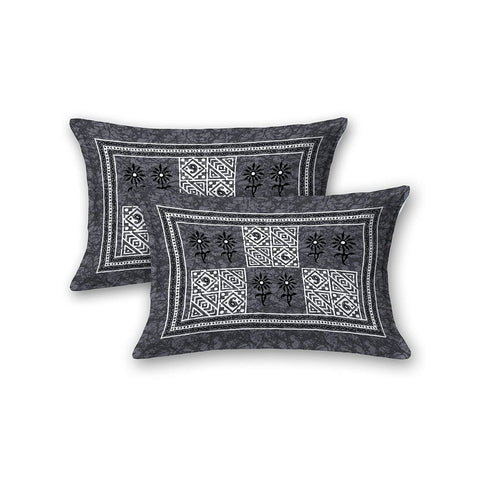 SheetKart 144 TC Floral Squares Jaipuri Printed Cotton Bedsheet with 2 Pillow Covers, Grey