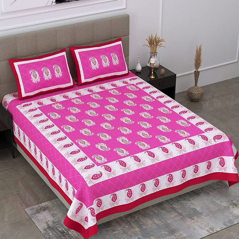 SheetKart Floral Printed 144 TC Jaipuri Cotton Double Bedsheet with 2 Pillow Covers - Pink - SheetKart
