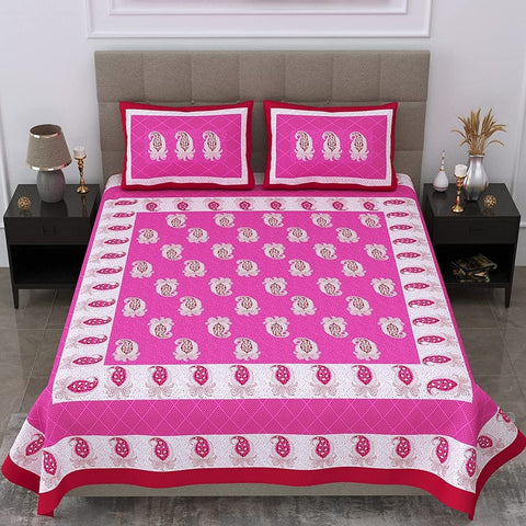 SheetKart Floral Printed 144 TC Jaipuri Cotton Double Bedsheet with 2 Pillow Covers - Pink - SheetKart