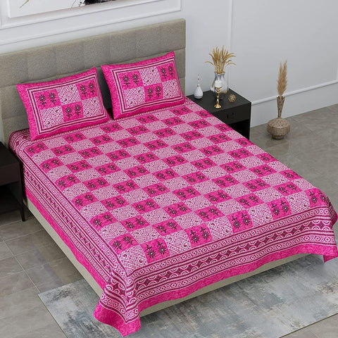 SheetKart 144 TC Floral Squares Jaipuri Printed Cotton Bedsheet with 2 Pillow Covers, Pink