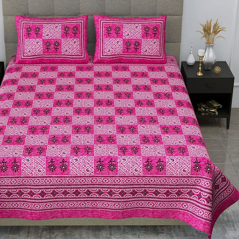 SheetKart 144 TC Floral Squares Jaipuri Printed Cotton Bedsheet with 2 Pillow Covers, Pink