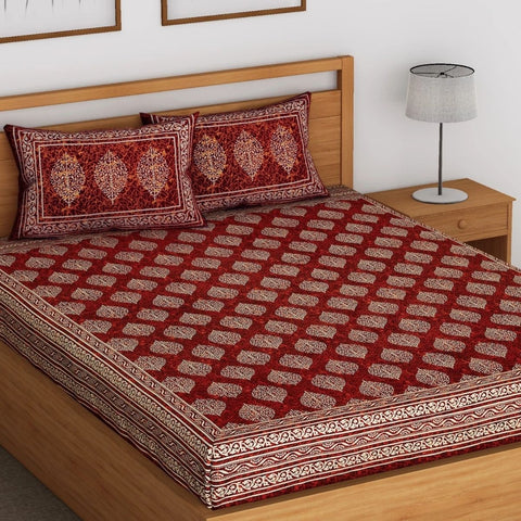 SheetKart Floral Cotton Double Bedsheet with 2 Pillow Covers, King Size, Perfect Brown - SheetKart