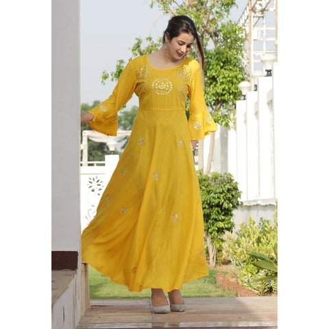 Arayna Women's Long Embroidered Rayon Kurti with Gota Patti Work in Yellow Color - SheetKart