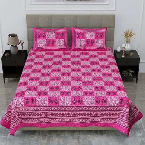 SheetKart 144 TC Floral Squares Jaipuri Printed Cotton Bedsheet with 2 Pillow Covers, Pink