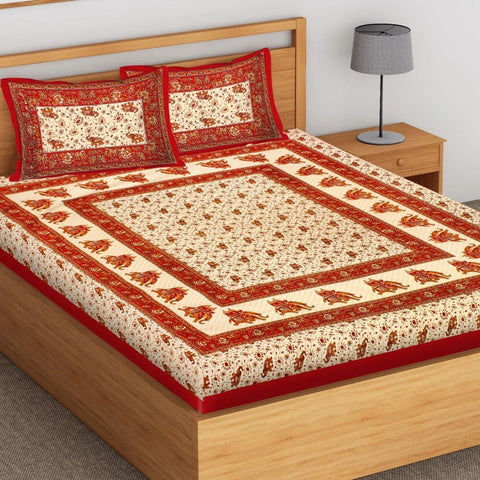 SheetKart Elephant Cotton Jaipuri Double Bedsheet with 2 Pillow Covers King Size, Perfect Red - SheetKart
