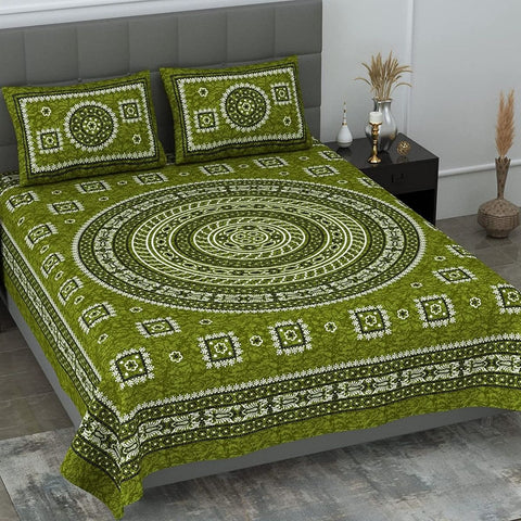 SheetKart Mandala Floral Print 144 TC Cotton Double Bedsheet with Pillow Covers - Green - SheetKart