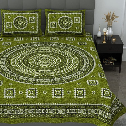 SheetKart Mandala Floral Print 144 TC Cotton Double Bedsheet with Pillow Covers - Green - SheetKart