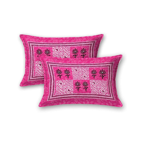 SheetKart 144 TC Floral Squares Jaipuri Printed Cotton Bedsheet with 2 Pillow Covers, Pink
