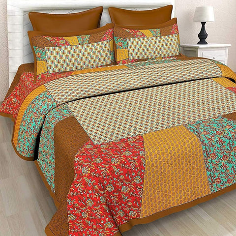 SheetKart Cotton Double King Size Jaipuri Floral Bedsheet with 2 Pillow Covers - SheetKart