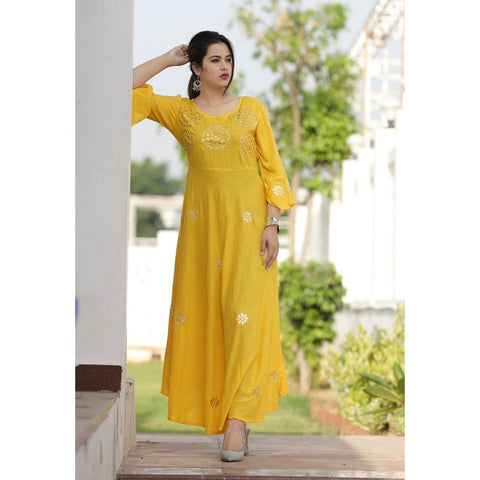 Arayna Women's Long Embroidered Rayon Kurti with Gota Patti Work in Yellow Color - SheetKart