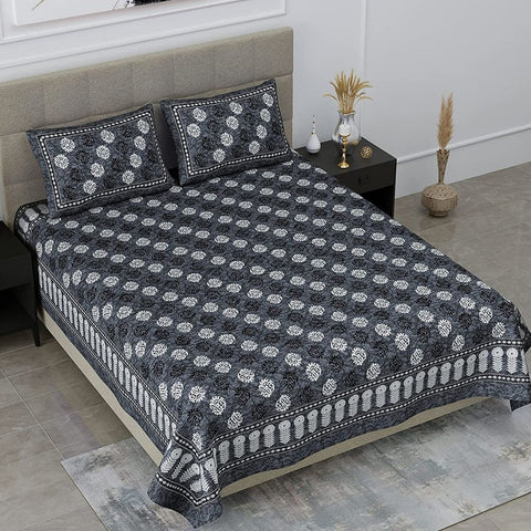 SheetKart 144 TC Jaipuri Floral Printed Cotton Double Bedsheet with Pillow Covers , Grey