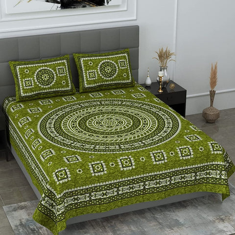 SheetKart Mandala Floral Print 144 TC Cotton Double Bedsheet with Pillow Covers - Green - SheetKart