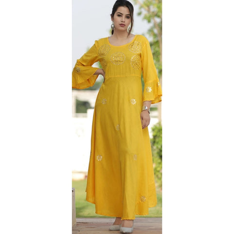 Arayna Women's Long Embroidered Rayon Kurti with Gota Patti Work in Yellow Color - SheetKart