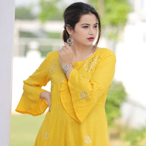 Arayna Women's Long Embroidered Rayon Kurti with Gota Patti Work in Yellow Color - SheetKart