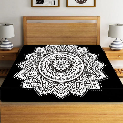 SheetKart Mandala Cotton Jaipuri Single Bedsheet with 1 Pillow Cover, Superior Black - SheetKart