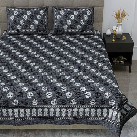 SheetKart 144 TC Jaipuri Floral Printed Cotton Double Bedsheet with Pillow Covers , Grey