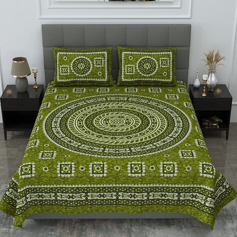 SheetKart Mandala Floral Print 144 TC Cotton Double Bedsheet with Pillow Covers - Green - SheetKart