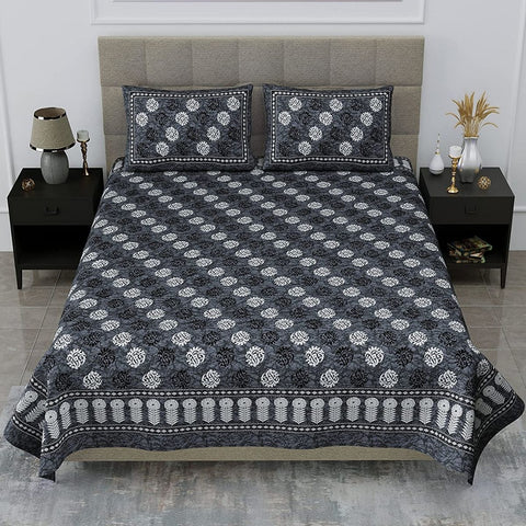 SheetKart 144 TC Jaipuri Floral Printed Cotton Double Bedsheet with Pillow Covers , Grey