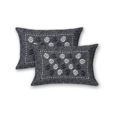SheetKart 144 TC Jaipuri Floral Printed Cotton Double Bedsheet with Pillow Covers , Grey