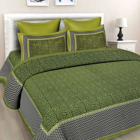 SheetKart Floral Cotton Jaipuri Double Bedsheet King Size with 2 Pillow Covers, Green - SheetKart