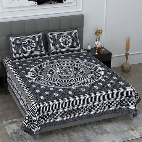 SheetKart Mandala Floral Print 144 TC Cotton Double Bedsheet with Pillow Covers - Grey - SheetKart