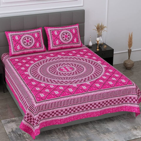 SheetKart Mandala Floral Print 144 TC Cotton Double Bedsheet with Pillow Covers - Pink - SheetKart