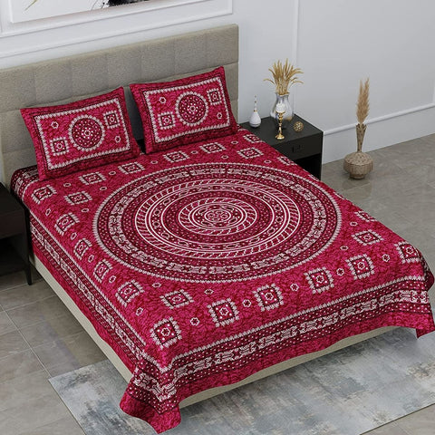 SheetKart 144 TC Mandala Jaipuri Floral Printed Cotton Bedsheet with 2 Pillow Covers, Burgundy