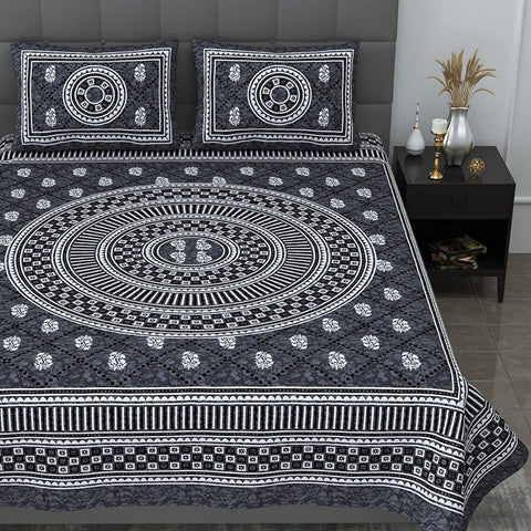 SheetKart Mandala Floral Print 144 TC Cotton Double Bedsheet with Pillow Covers - Grey - SheetKart