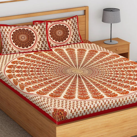 SheetKart Mandala Cotton Jaipuri Double Bedsheet with 2 Pillow Covers King Size, Perfect Red - SheetKart