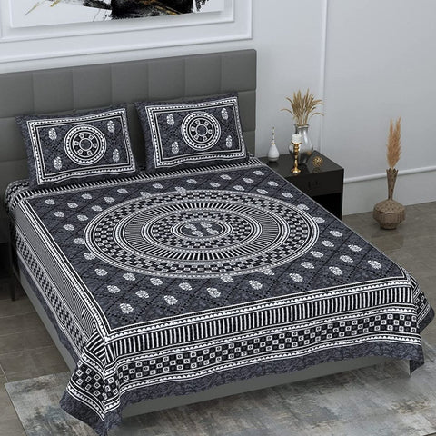 SheetKart Mandala Floral Print 144 TC Cotton Double Bedsheet with Pillow Covers - Grey - SheetKart