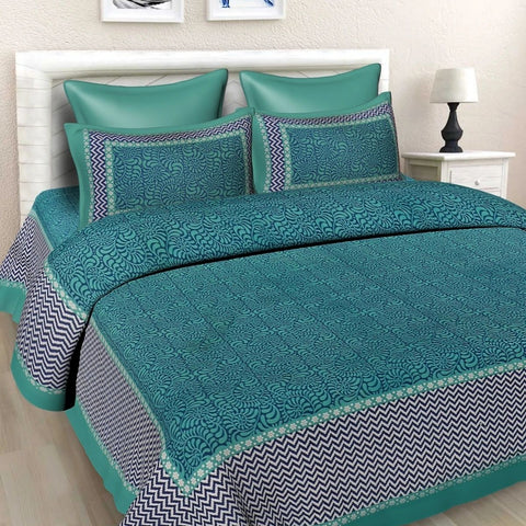 SheetKart Floral Cotton Jaipuri Double Bedsheet King Size with 2 Pillow Covers, Sea Green - SheetKart