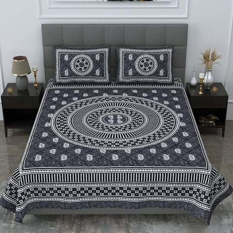SheetKart Mandala Floral Print 144 TC Cotton Double Bedsheet with Pillow Covers - Grey - SheetKart