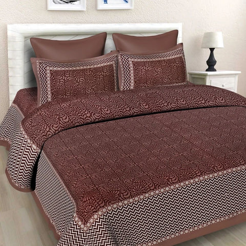 SheetKart Floral Cotton Jaipuri Double Bedsheet King Size with 2 Pillow Covers, Brown - SheetKart