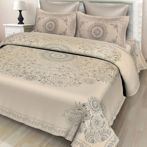 SheetKart Floral Mandala Cotton Jaipuri Double Bedsheets with 2 Pillow Covers, Perfect Beige - SheetKart