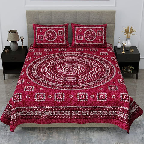 SheetKart 144 TC Mandala Jaipuri Floral Printed Cotton Bedsheet with 2 Pillow Covers, Burgundy