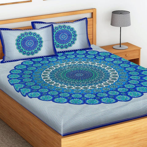 SheetKart Mandala Floral Cotton King Size for Jaipuri Double Bedsheets with 2 Pillow Covers, Blue - SheetKart
