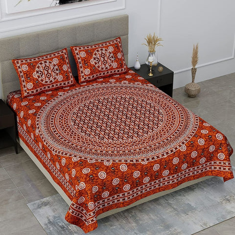 SheetKart 144 TC Circles Jaipuri Floral Printed Cotton Bedsheet with 2 Pillow Covers, Red