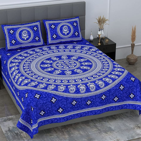 SheetKart Motif Mandala Printed 144 TC Cotton Double Bedsheet with 2 Pillow Covers - Blue - SheetKart