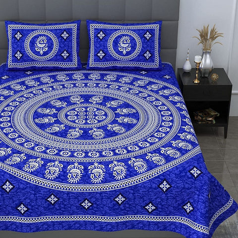 SheetKart Motif Mandala Printed 144 TC Cotton Double Bedsheet with 2 Pillow Covers - Blue - SheetKart