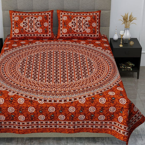 SheetKart 144 TC Circles Jaipuri Floral Printed Cotton Bedsheet with 2 Pillow Covers, Red