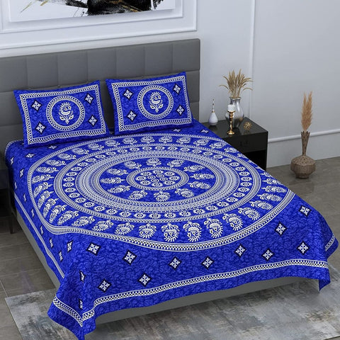 SheetKart Motif Mandala Printed 144 TC Cotton Double Bedsheet with 2 Pillow Covers - Blue - SheetKart
