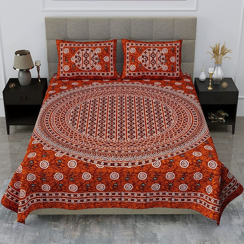 SheetKart 144 TC Circles Jaipuri Floral Printed Cotton Bedsheet with 2 Pillow Covers, Red