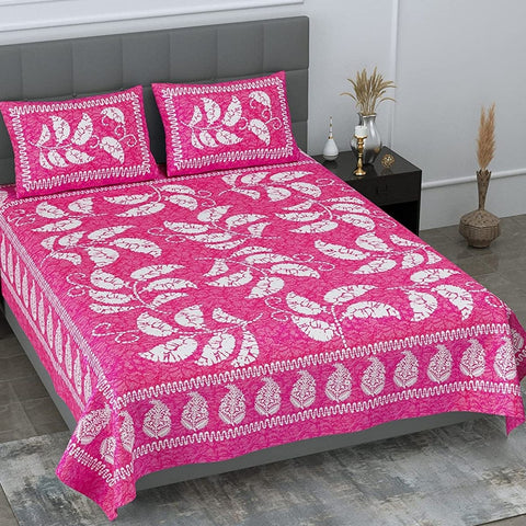 SheetKart 144 TC Cotton Floral Jaipuri Printed Double Bedsheet with 2 Pillow Covers, Plush Pink