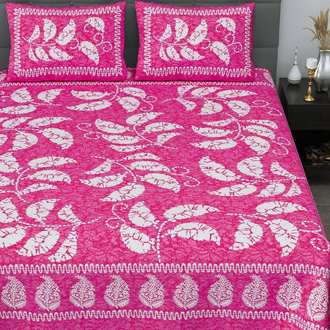 SheetKart 144 TC Cotton Floral Jaipuri Printed Double Bedsheet with 2 Pillow Covers, Plush Pink