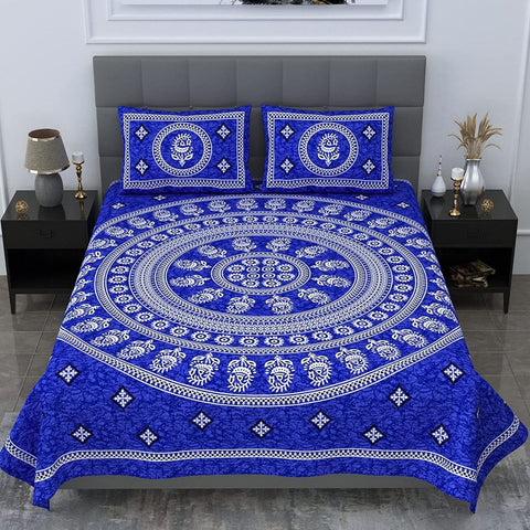 SheetKart Motif Mandala Printed 144 TC Cotton Double Bedsheet with 2 Pillow Covers - Blue - SheetKart