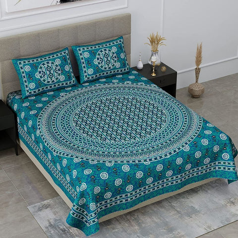 SheetKart 144 TC Circles Jaipuri Floral Printed Cotton Bedsheet with 2 Pillow Covers, Sea Green